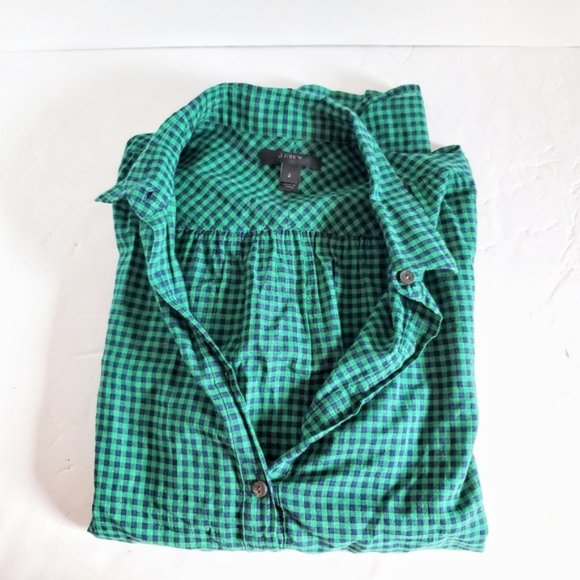 J. CREW Gathered Popover Gingham Navy Green Plaid 2 - Picture 9 of 9